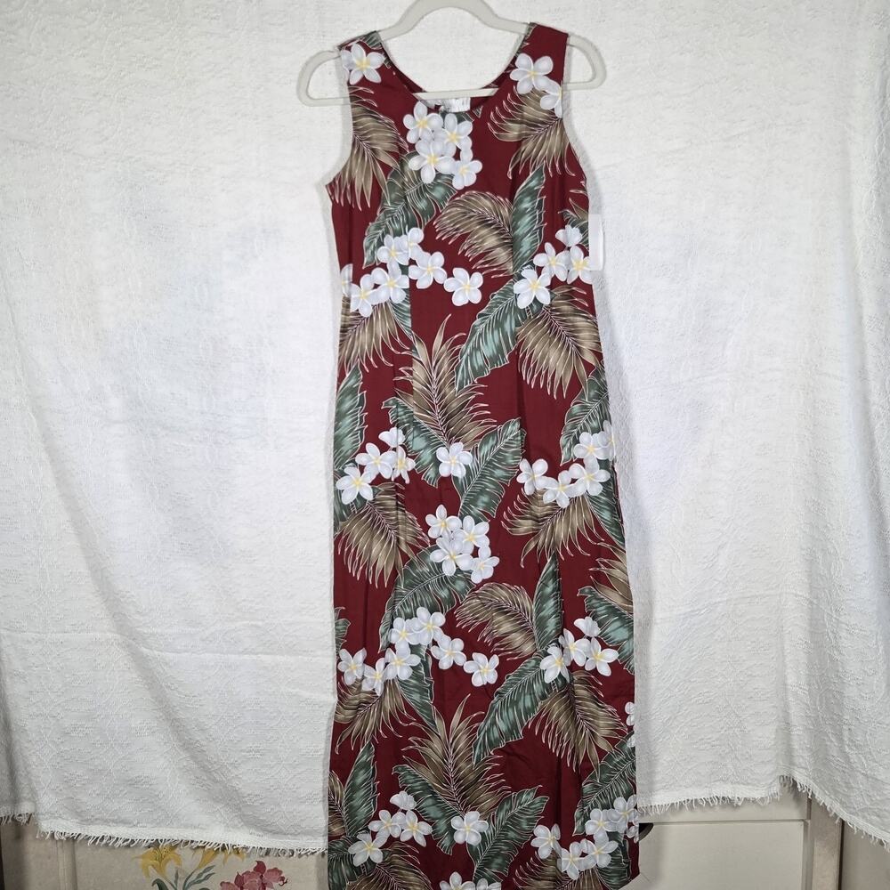 Pacific Legend Hawaiian Maxi Dress Size S Red Tropical Floral Plumeria